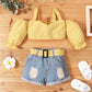 Conjunto Infantil Top Ombro A Ombro Quadriculado E Shorts Jeans Com Cinto