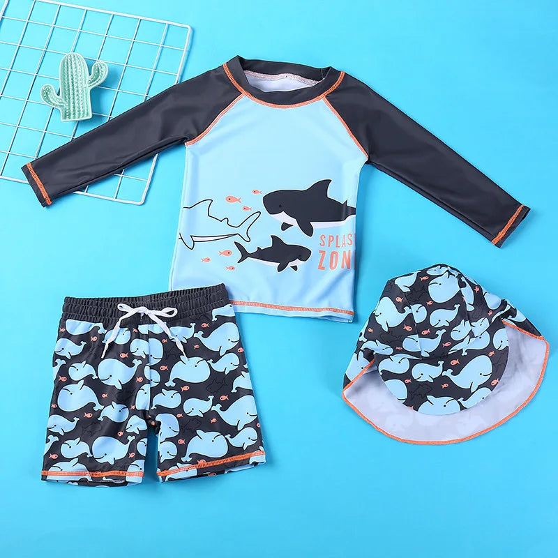 Conjunto Infantil Roupa De Banho Estampada Blusa Manga Longa/ Manga Curta, Bermuda E Chapéu