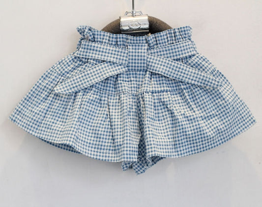 Conjunto Meninas Blusa Com Laço Shorts Xadrez Azul e Branco