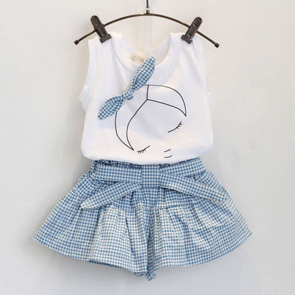 Conjunto Meninas Blusa Com Laço Shorts Xadrez Azul e Branco