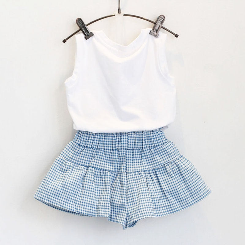 Conjunto Bebê Menina Blusa Xadrez e Shorts Azul e Rosa