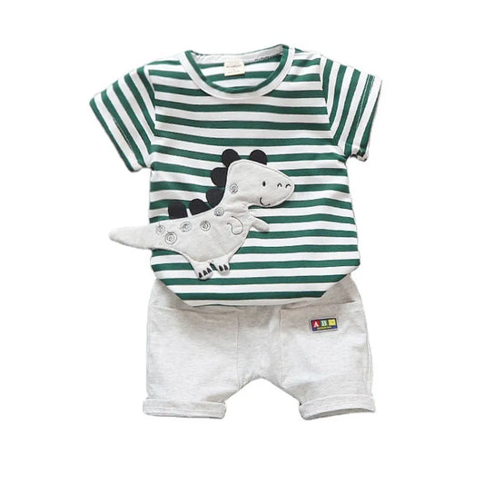 Conjunto Infantil Blusa Com Listras E Dinossauro 3D E Bermuda