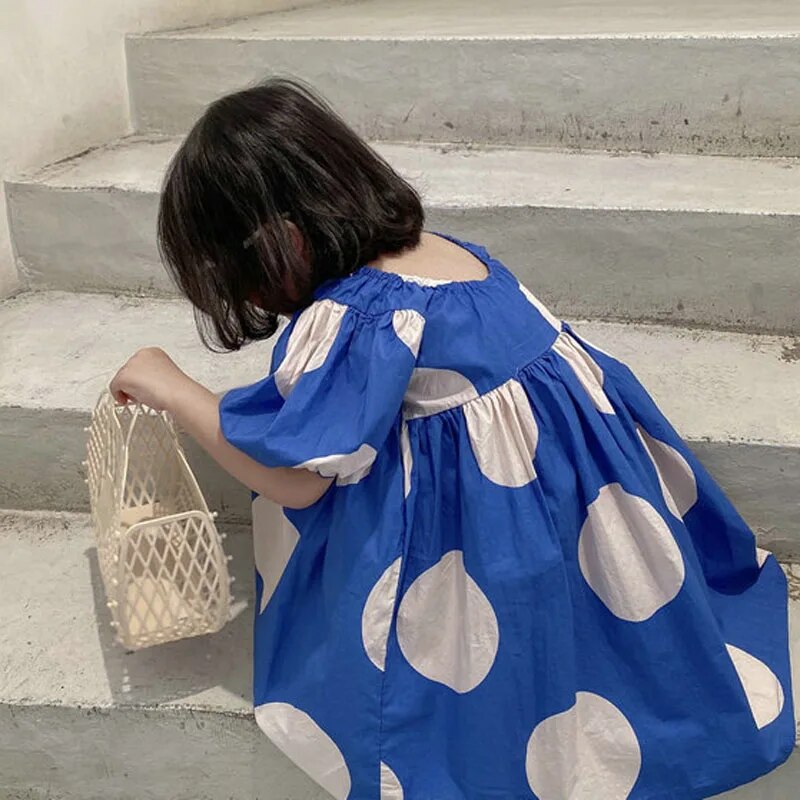 Vestido Infantil Rodado Com Mangas Bufante Estampa Bolas