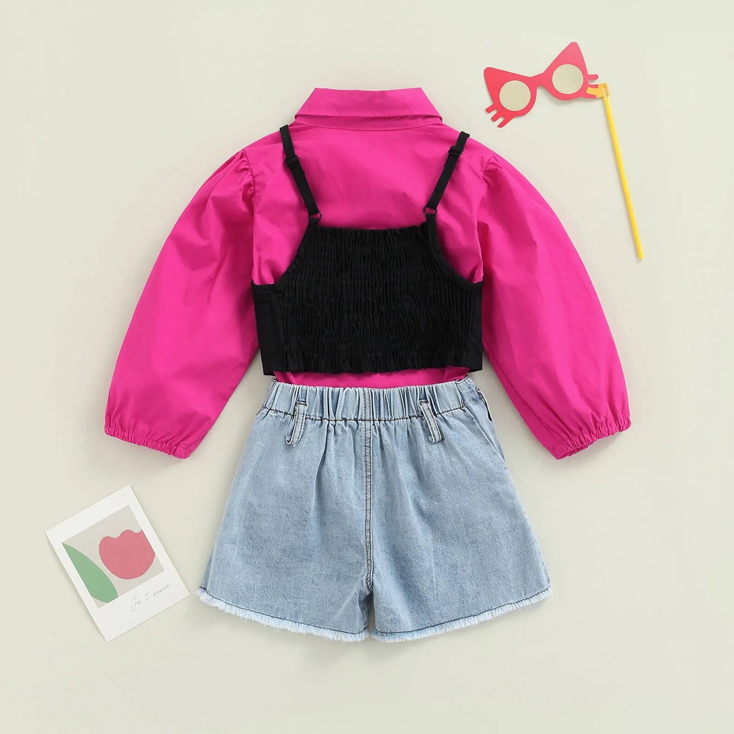 Conjunto Infantil 3 Peças Camisa, Colete e Shorts Jeans