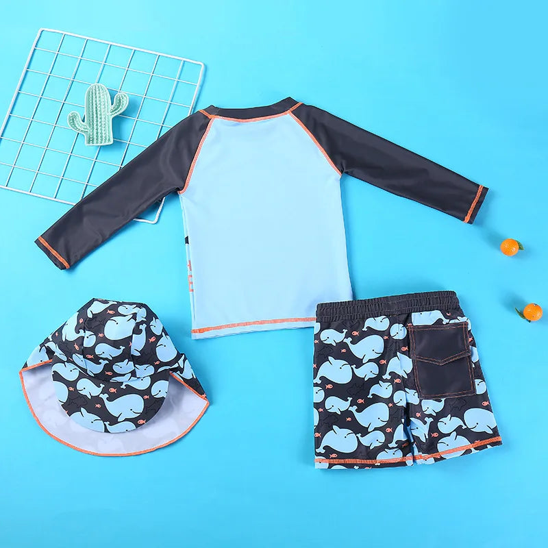 Conjunto Infantil Roupa De Banho Estampada Blusa Manga Longa/ Manga Curta, Bermuda E Chapéu