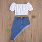 Conjunto Infantil Cropped Ombro Á Ombro E Saia Jeans Assimétrica