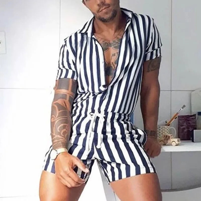 Conjunto Casual Masculino Camisa e Shorts Listrados