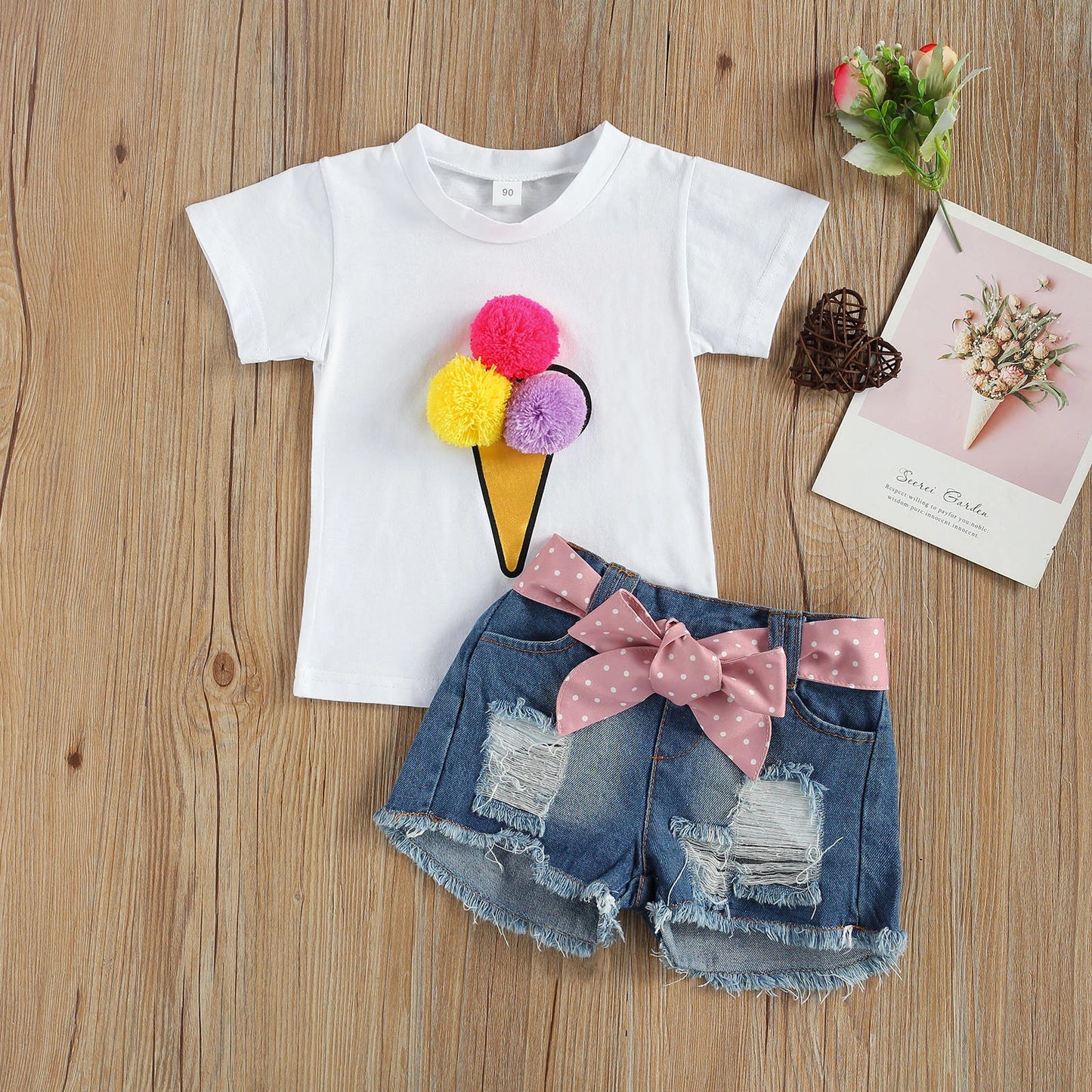 Conjunto Infantil Blusa Sorvete 3D E Shorts Jeans