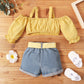 Conjunto Infantil Top Ombro A Ombro Quadriculado E Shorts Jeans Com Cinto