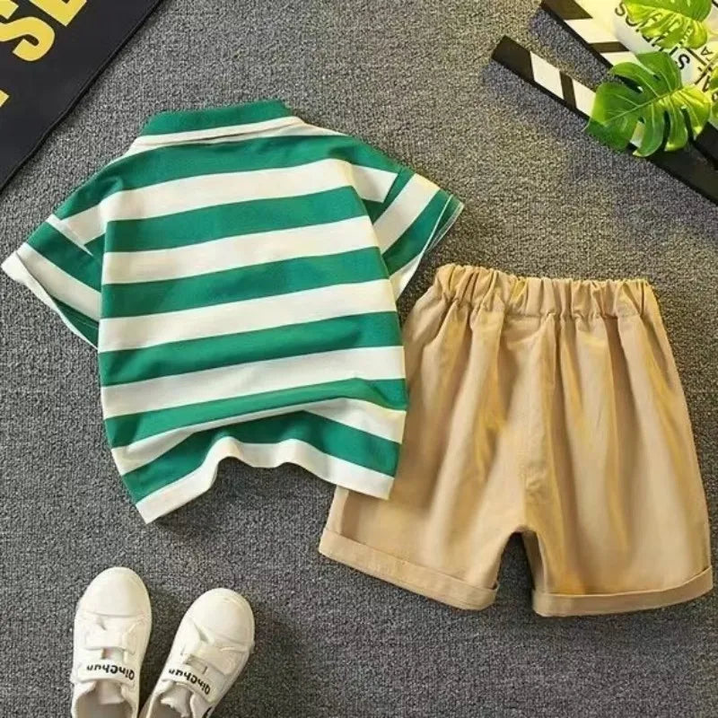 Conjunto Infantil Blusa Polo Com Listra E Bermuda