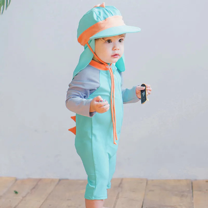 Roupa De Banho Infantil Dinossauro Com Zíper E Chapéu