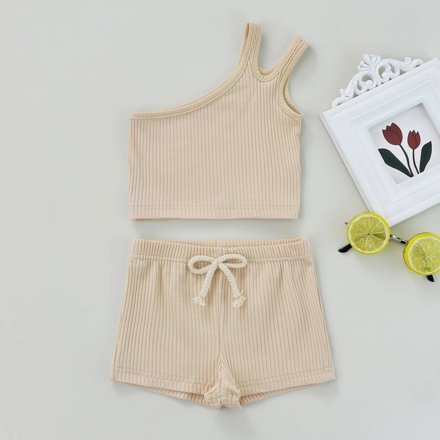 Conjunto Infantil CaneladoTop Um Ombro Só E Shorts