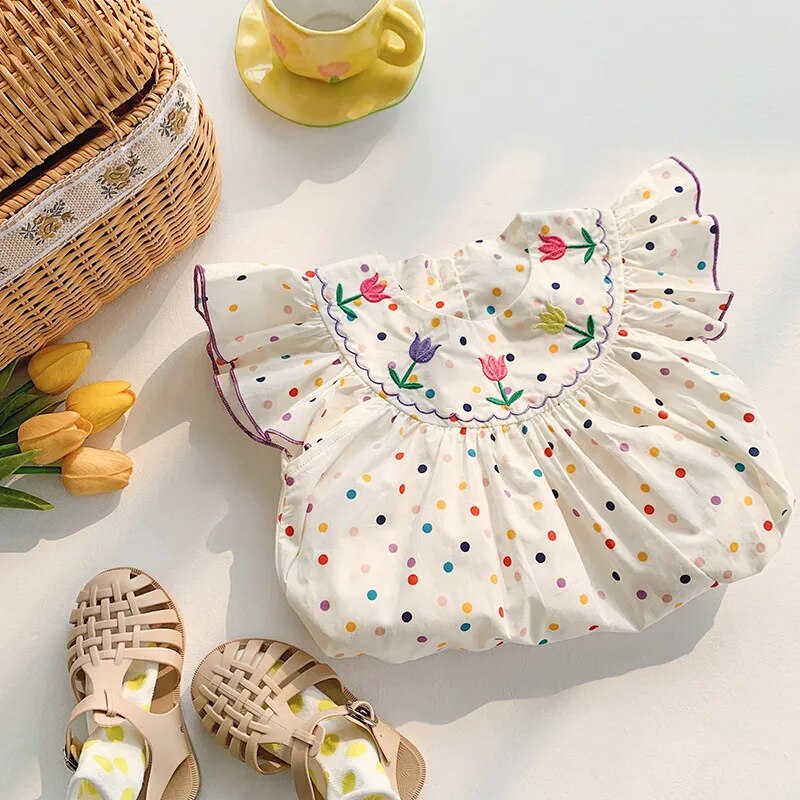 Vestido Infantil De Poá Colorido Com Flores Na Gola