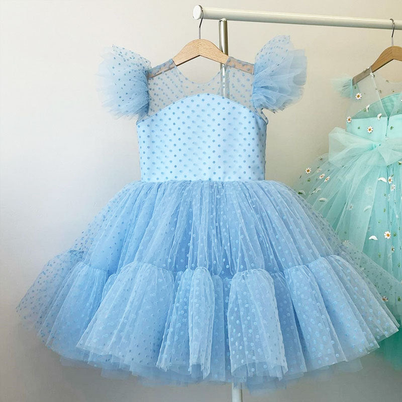 Vestido Infantil Rodado Em Tule Com Poá e Babado