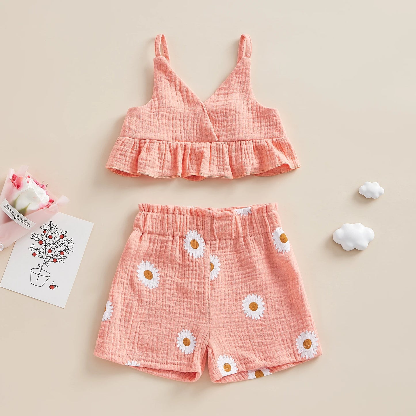 Conjunto Infantil Top Com Babado E Shorts Estampa De Girassol