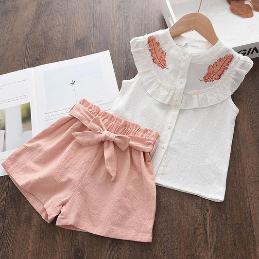 Conjunto Meninas Camiseta Pena Shorts Laço