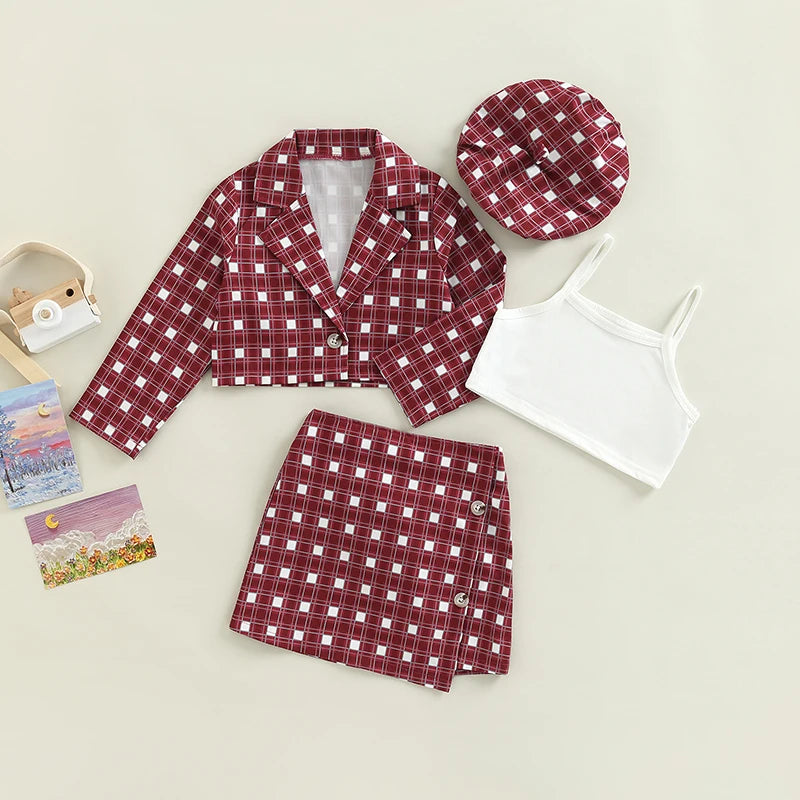 Conjunto Infantil 4 Peças Blazer, Saia E Boina Xadrez E Top