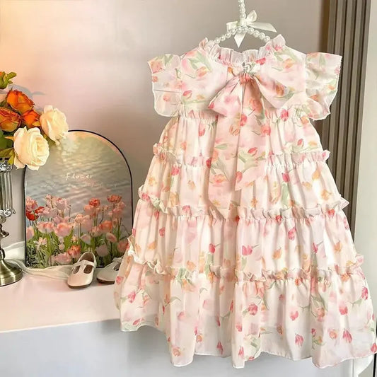 Vestido Infantil Floral Rodado Com Babados