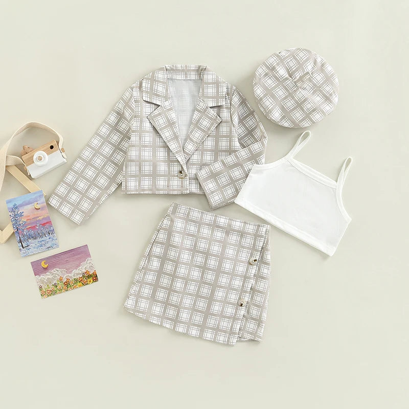 Conjunto Infantil 4 Peças Blazer, Saia E Boina Xadrez E Top