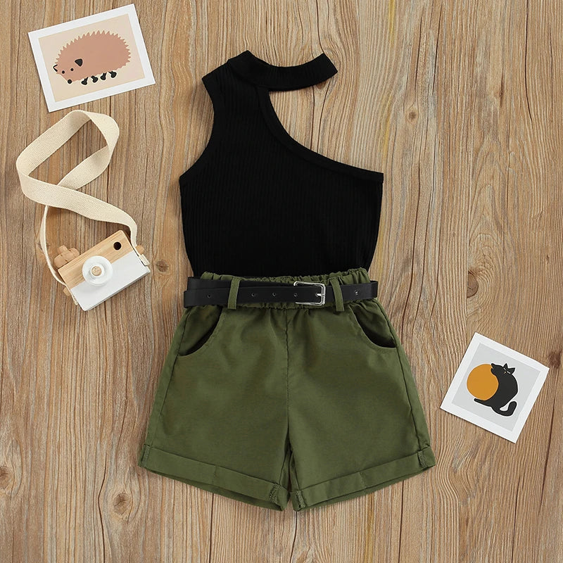 Conjunto Infantil Blusa Um Ombro Só Canelada E Shorts Com Cinto