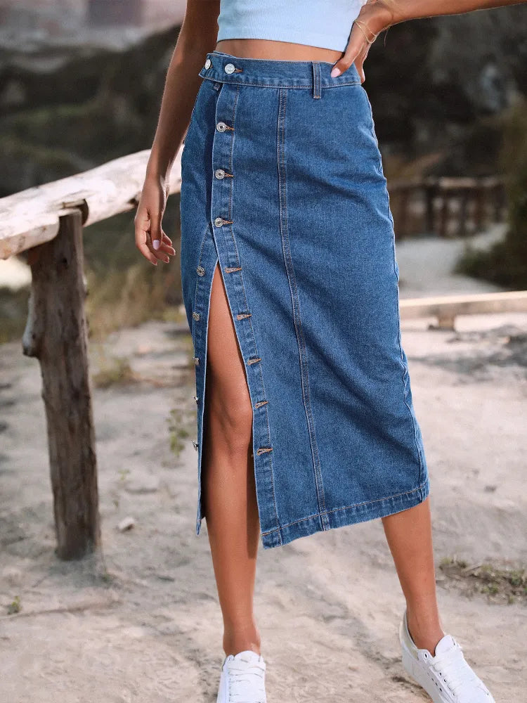 Saia Jeans Midi Botões Na Lateral