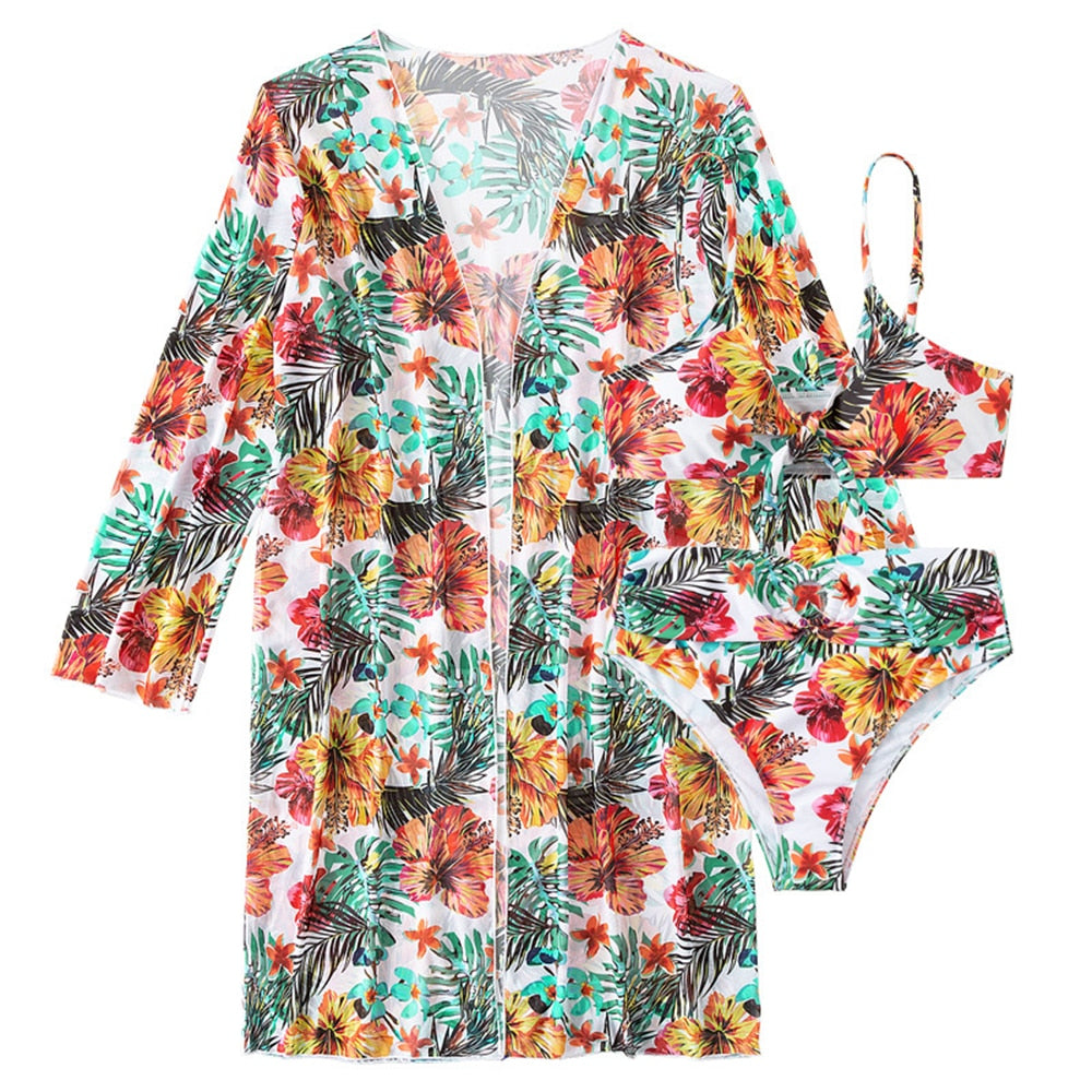 Conjunto Biquíni + Saída de Praia Com Estampas Florais