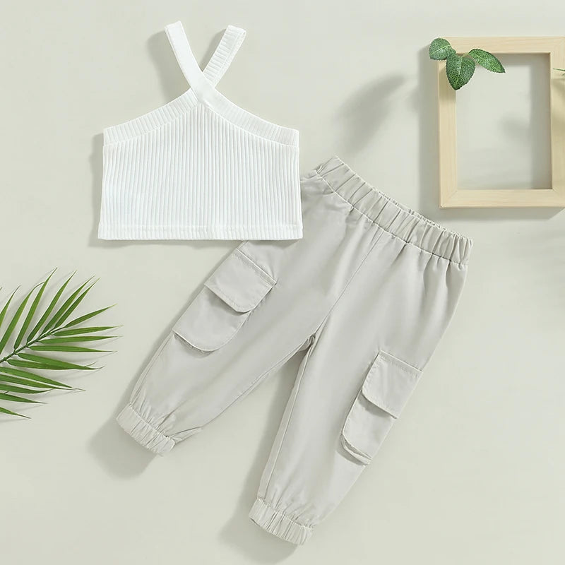 Conjunto Infantil Calça Cargo E Cropped Canelado