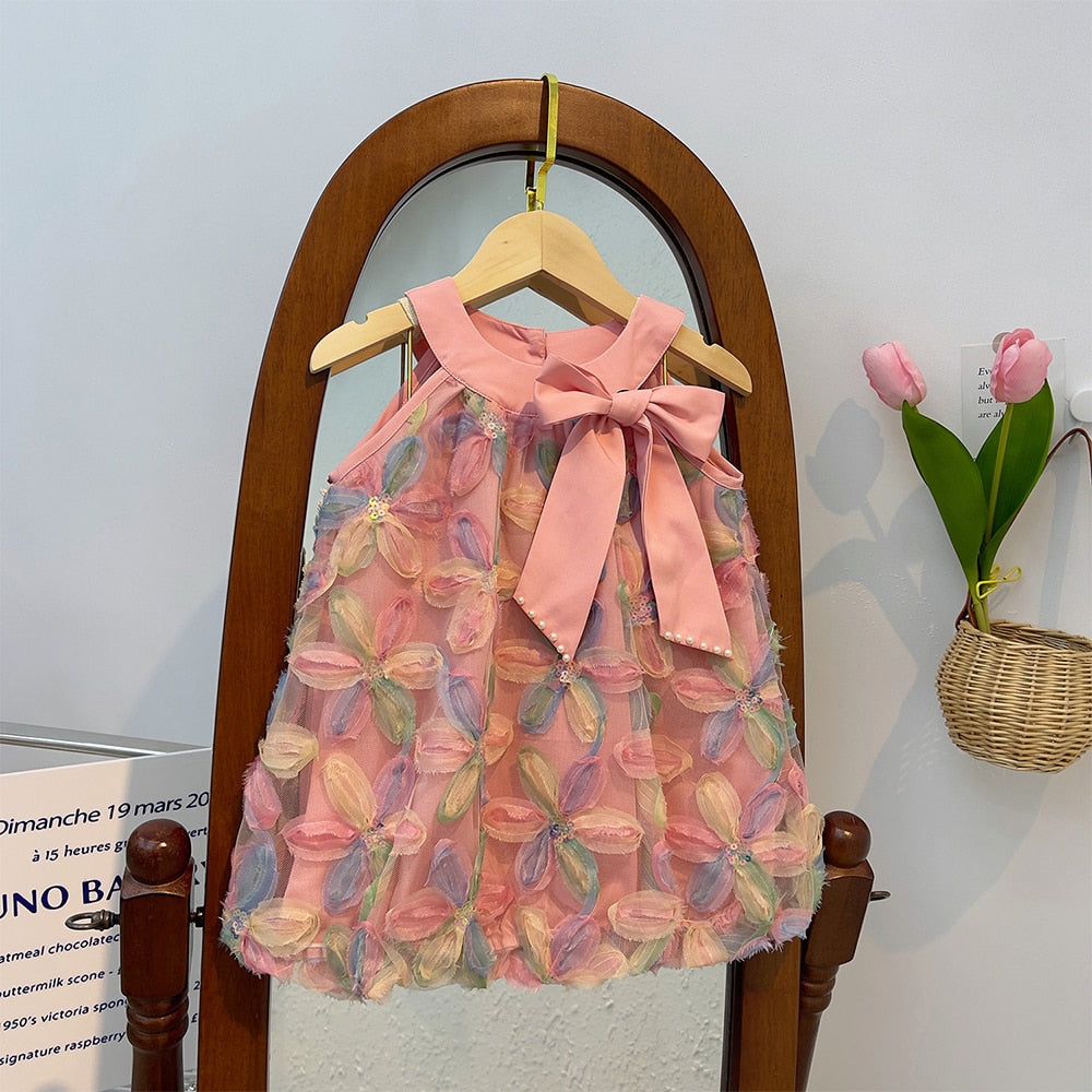 Vestido Infantil Aplicações De Flores Gola Com Laço