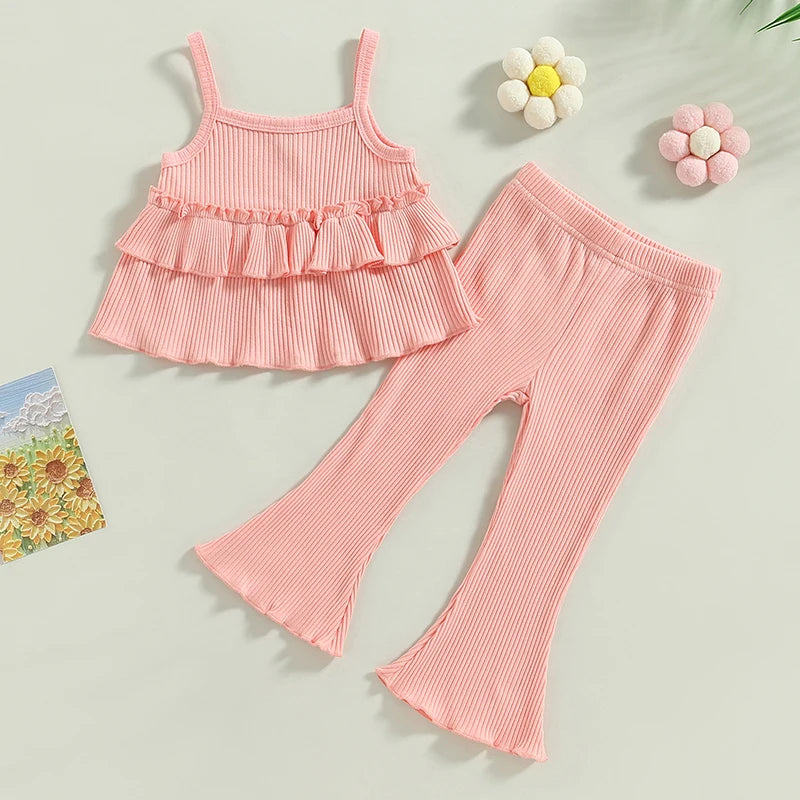 Conjunto Infantil Canelado Regata Com Babados E Calça Pantalona