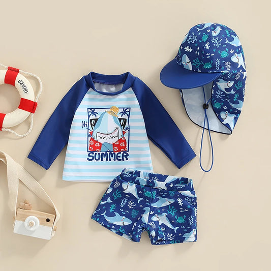 Conjunto Infantil Roupa De Banho Estampa De Tubarão Blusa Manga Longa, Shorts E Chapéu