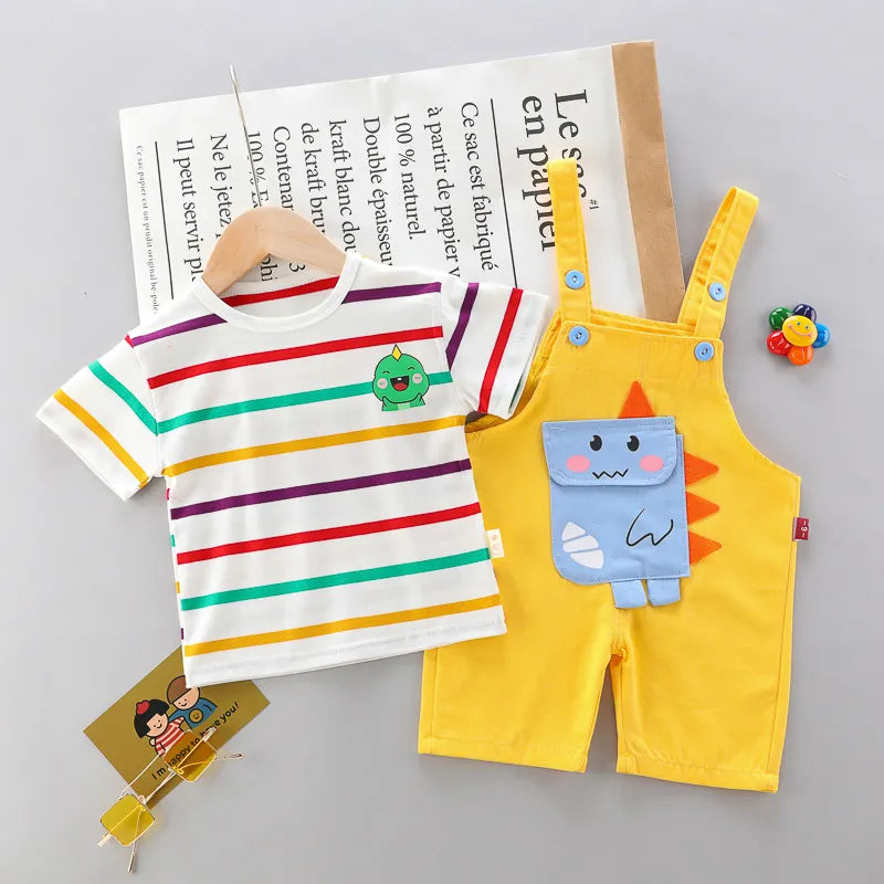 Conjunto Infantil Macacão Com Estampa De Dinossauro E Blusa Listras Coloridas