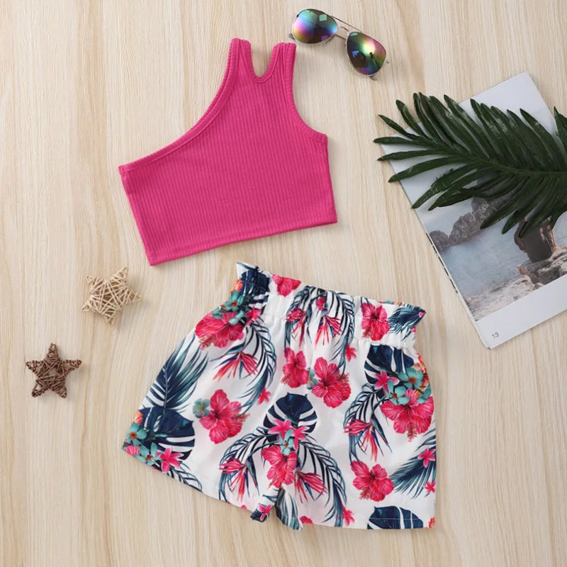 Conjunto Infantil Top Canelado Um Ombro Só E Shorts Floral