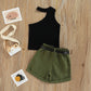 Conjunto Infantil Blusa Um Ombro Só Canelada E Shorts Com Cinto