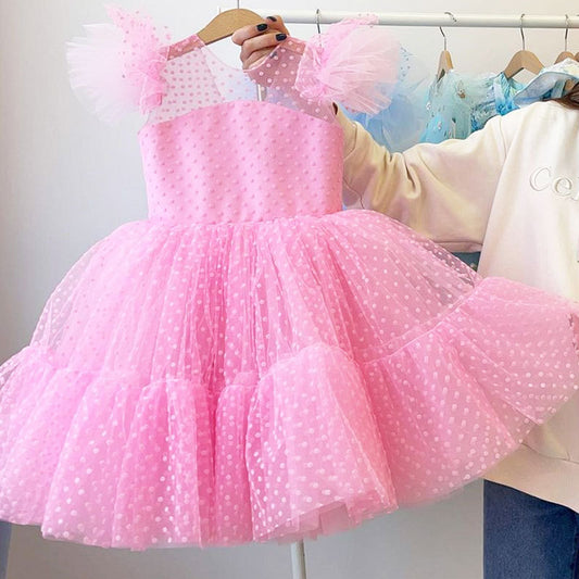 Vestido Infantil Rodado Em Tule Com Poá e Babado