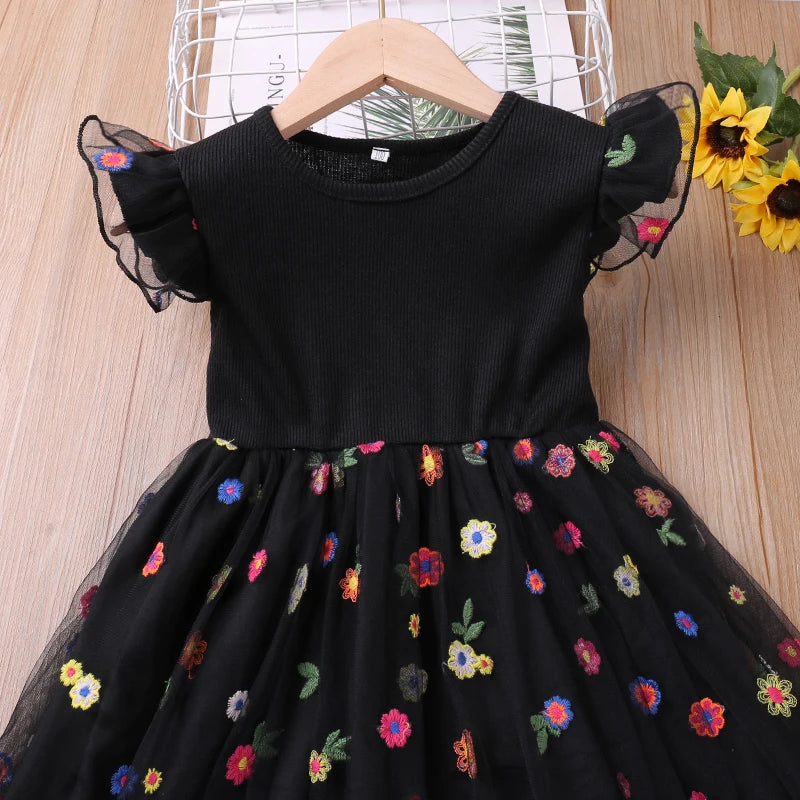 Vestido Infantil Em Tule Com Bordado Floral