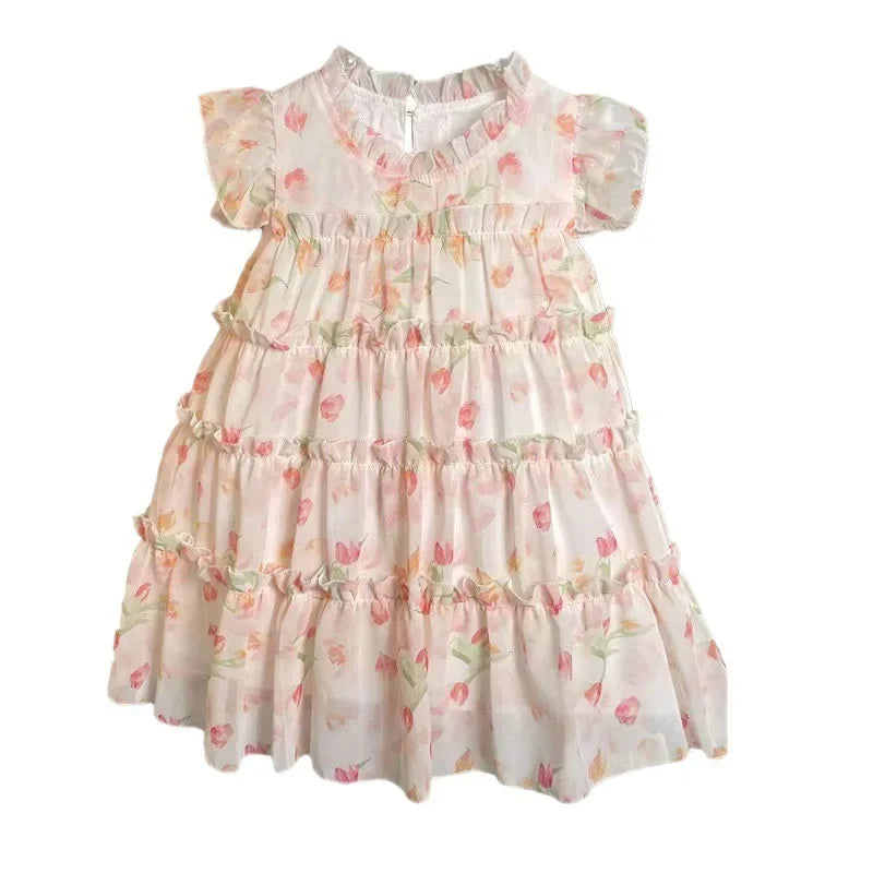 Vestido Infantil Floral Rodado Com Babados