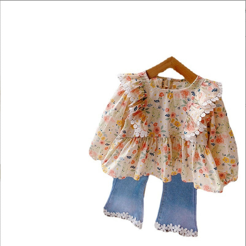 Conjunto Infantil Camisa Manga Longa Floral Babados Calça Jeans Barra Floral