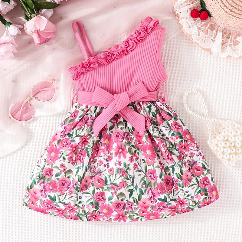 Vestido Infantil Um Ombro Só Com Babado E Laço Com Saia Floral