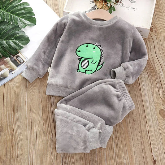 Pijama Infantil De Flanela Blusa Manga Longa Com Estampa De Dinossauro E Calça