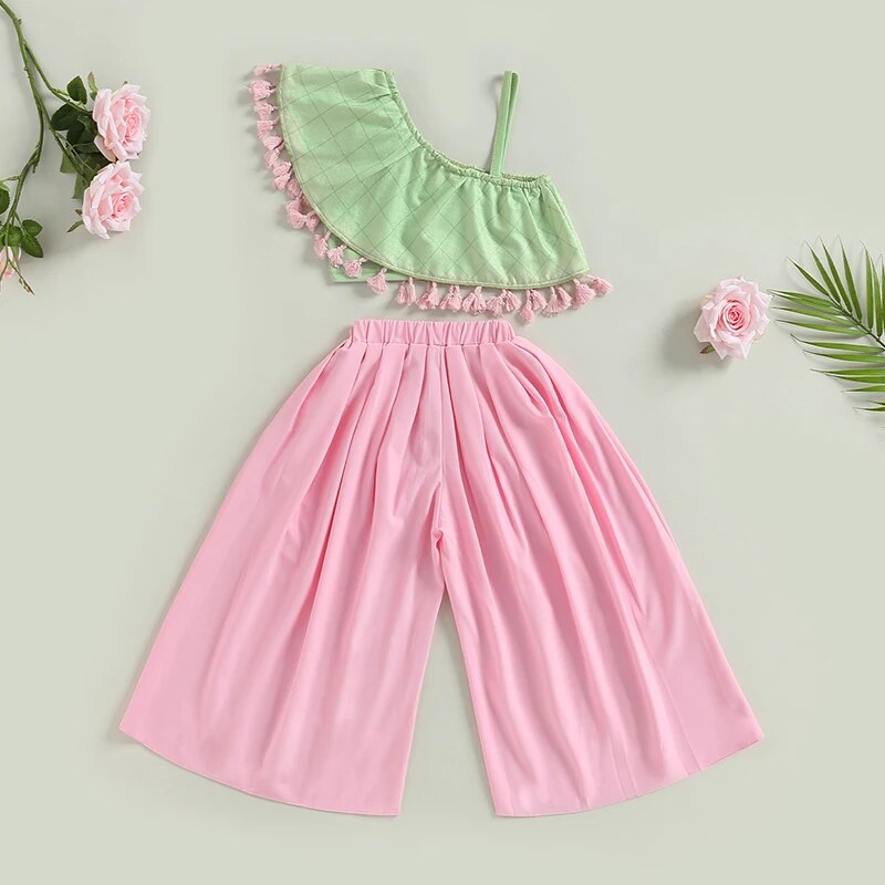 Conjunto Infantil Top Um Ombro Só E Calça Plissada