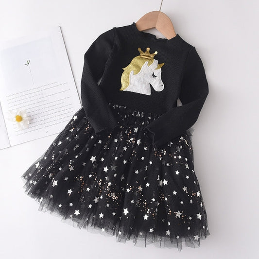 Vestido Manga Longa Unicórnio Saia Em Tule Com Estrelas