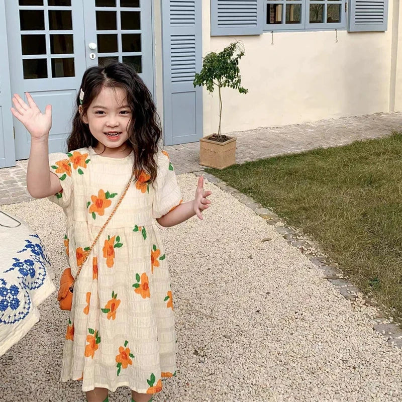 Vestido Infantil Floral Com Mangas Bufantes