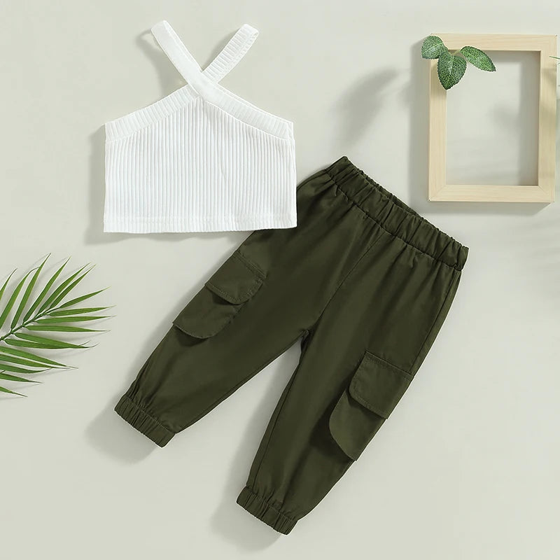 Conjunto Infantil Calça Cargo E Cropped Canelado