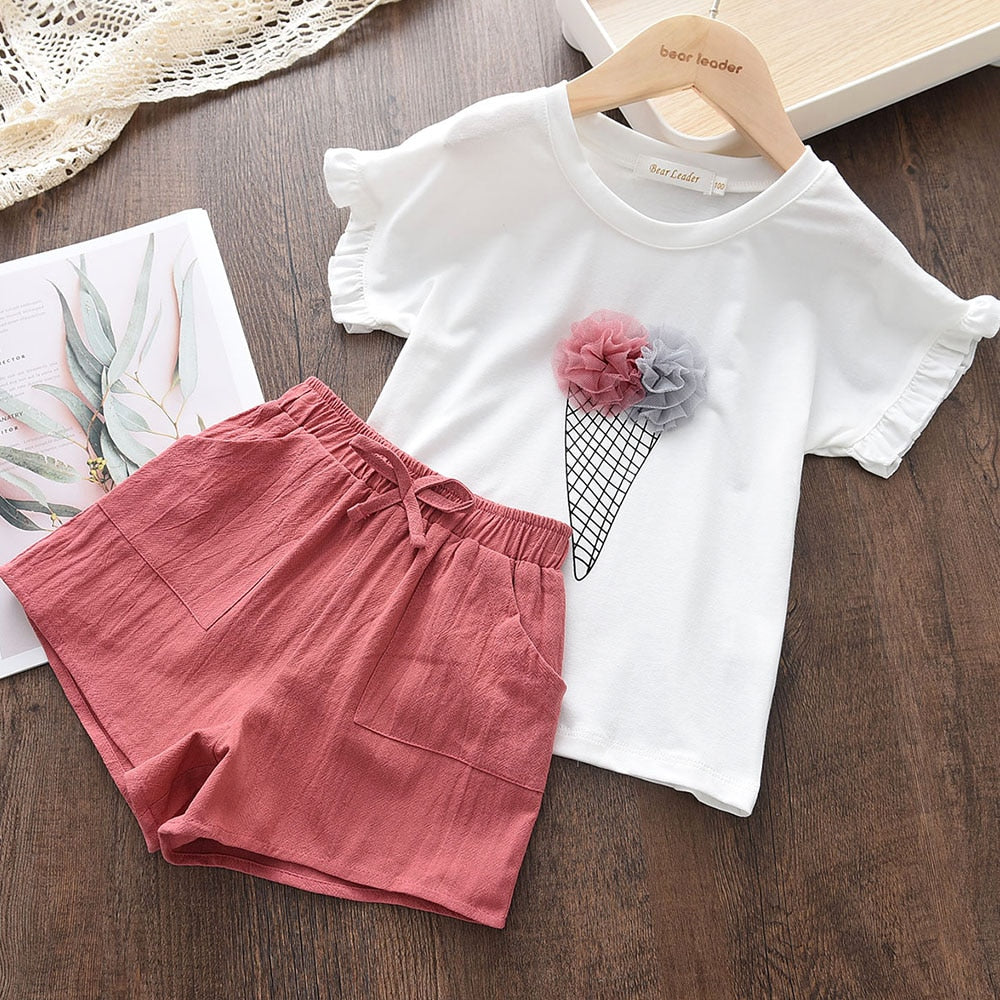 Conjunto Infantil  Meninas Camiseta Sorvete Shorts