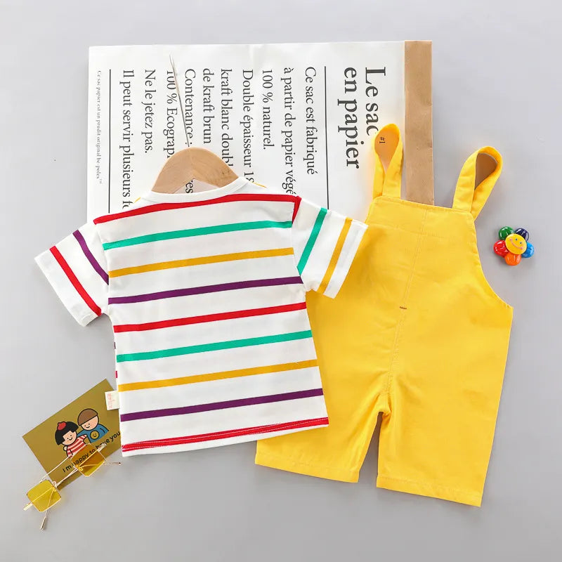 Conjunto Infantil Macacão Com Estampa De Dinossauro E Blusa Listras Coloridas