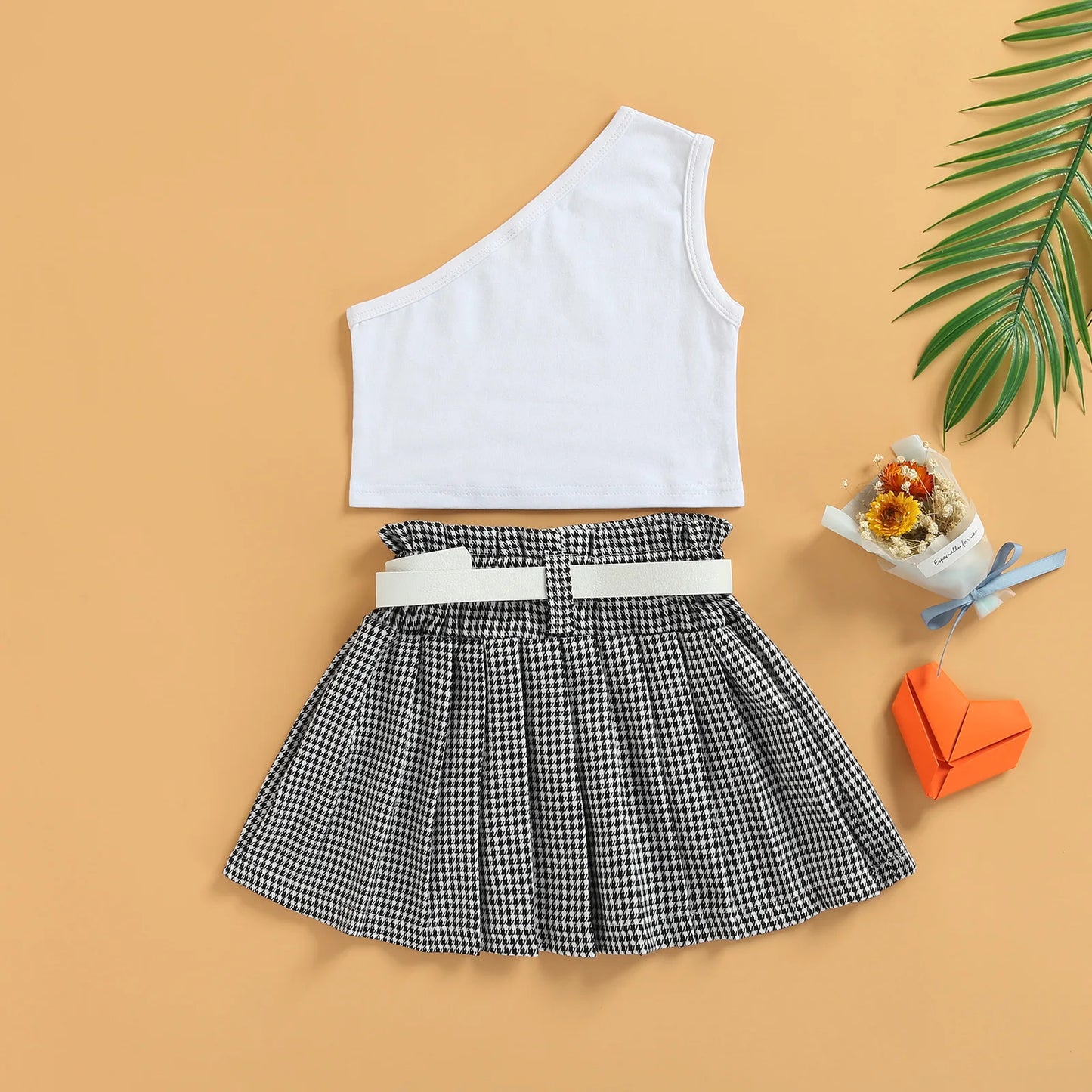 Conjunto Infantil Cropped Um Ombro Só E Saia Xadrez Com Pregas