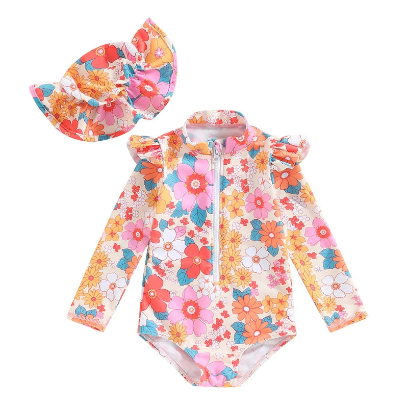 Maiô Infantil Floral Mangas Longas E Chapéu