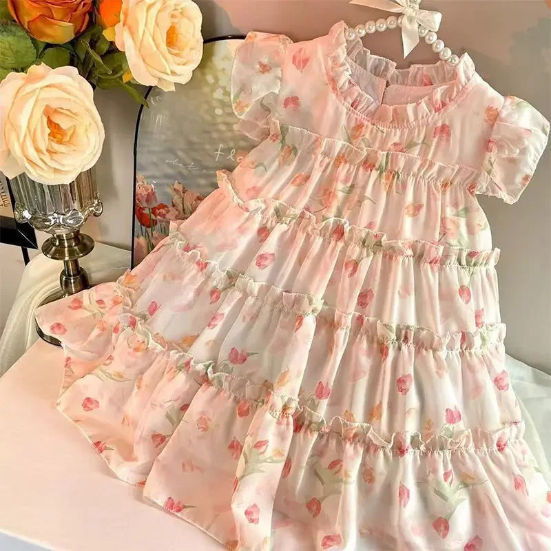 Vestido Infantil Floral Rodado Com Babados