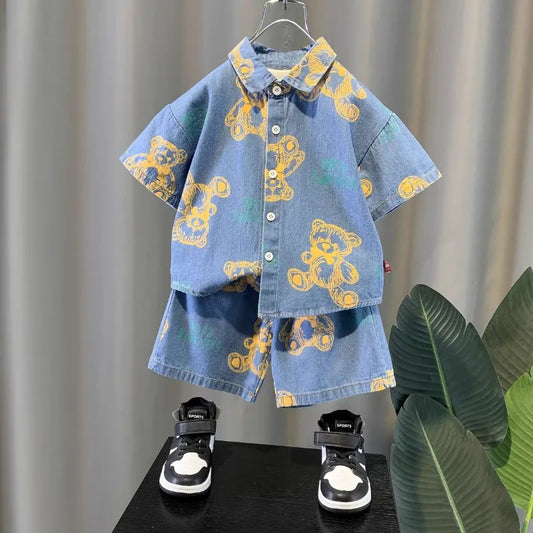 Conjunto Infantil Jeans Camisa, Blusa E Bermuda Com Estampa De Urso