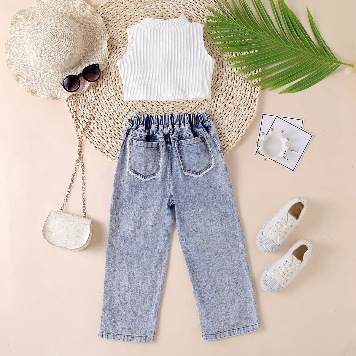 Conjunto Cropped Canelado E Calça Jeans